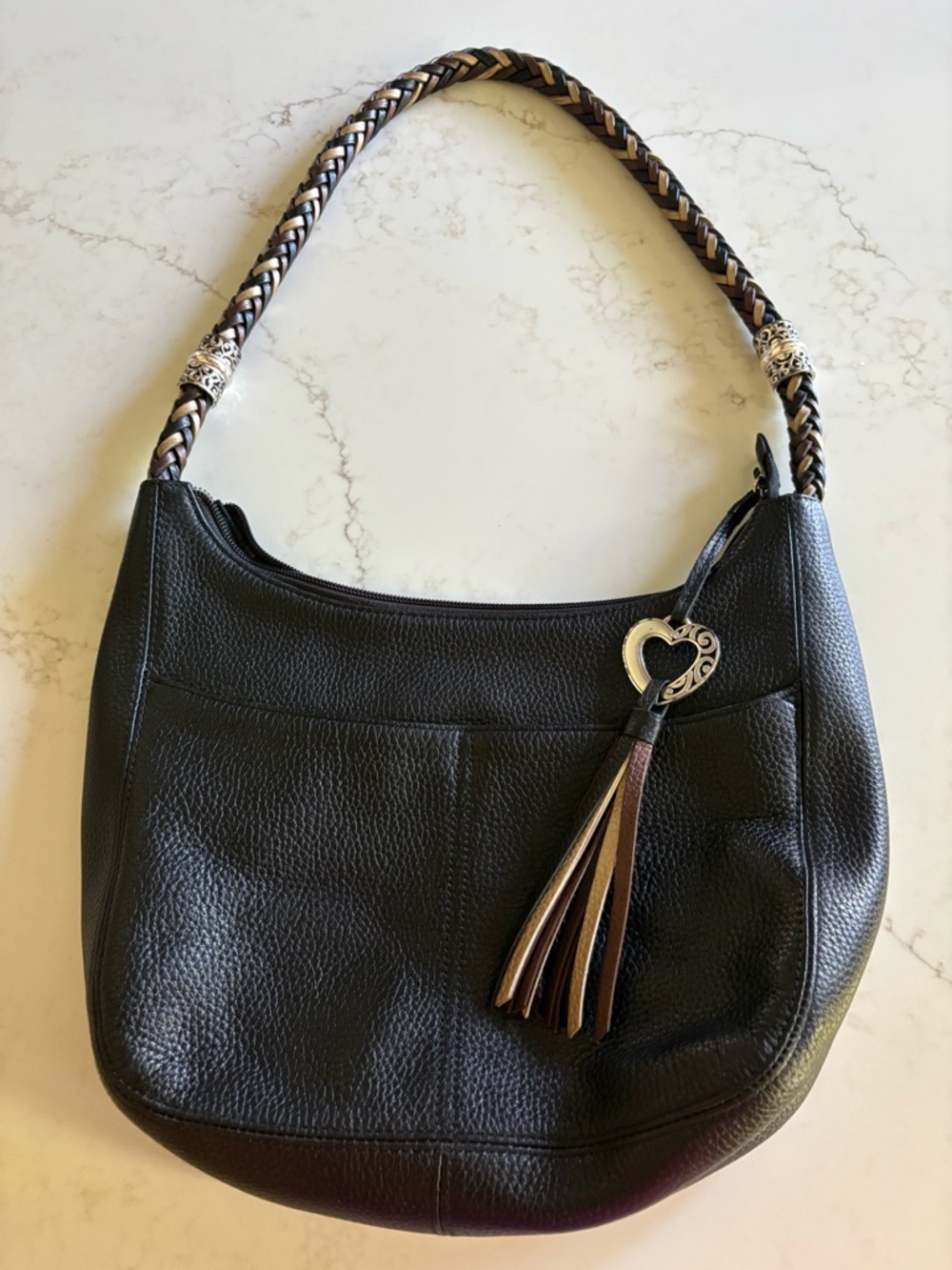 Brighton Black Leather Shoulder Bag with Brown Braided Handle